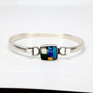 Vintage Taxco Sterling Silver Multi Stone Inlay Bangle Bracelet Mexico Rare